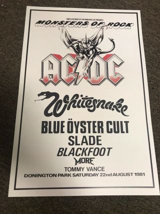 1981 Monsters Of Rock Ac/dc Whitesnake Blue Oyster Cult Concert Poster 12x18
