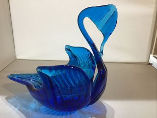 Vintage Blue Glass Swan Dish Mid Century Modern Murano Hand Made