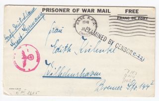 Ww2 German Prisoner Of War Base Apo Canada Censored Cover To Willmshaven 1941