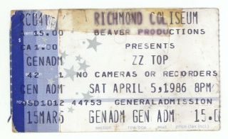 Rare Zz Top & Jimmy Barnes 4/5/86 Richmond Va Coliseum Ticket Stub