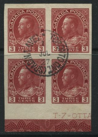 Canada 1922 Kgv Admiral 3 Cent Imperf Block Of 4 With Lathework Type D