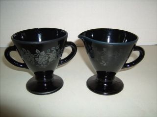 Vintage Art Deco Black Depression Glass Sugar Bowl & Creamer Etched Floral