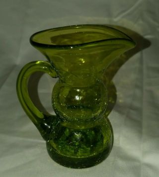 Vintage Large Olive Green Hourglass Crackle Glass Pitcher Mid Century