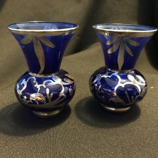 Vintage Pair Italian Art Glass Cobalt Blue Sterling Silver Inlay Bud Vases