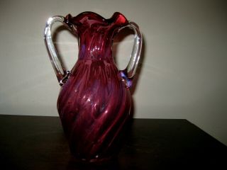 Rieker Lead Crystal Chalet Cranberry Vase with Clear Applied Handles Canada 2
