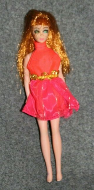 Vintage 1970s Dawn Glori Doll With Coral Mini Dress - Topper