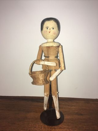 Antique Vintage Peg Wooden Doll 11 1/4” With Old Basket And Vintage Stand