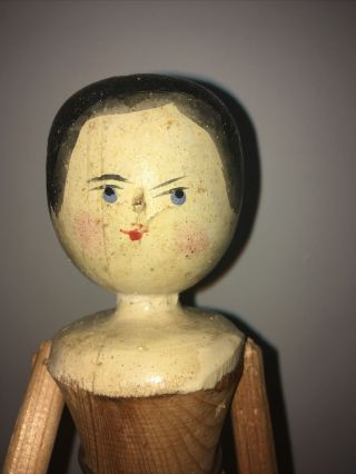 Antique Vintage Peg Wooden Doll 11 1/4” With Old Basket And Vintage Stand 2