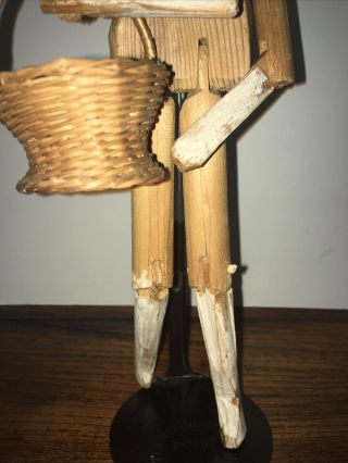 Antique Vintage Peg Wooden Doll 11 1/4” With Old Basket And Vintage Stand 3