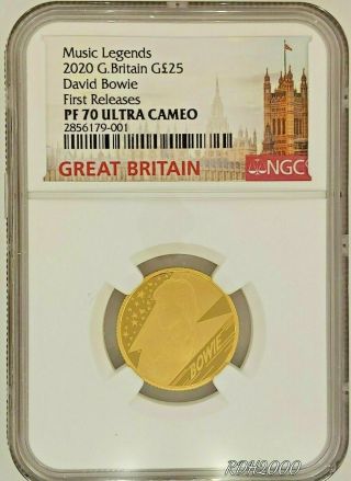2020 Great Britain £25 Gold 1/4 Oz Music Legends David Bowie Ngc Pf70uc W/ogp