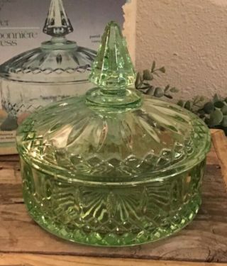 Vintage Indiana Glass Pastel Green Princess Covered Candy Dish In Orig.  Box