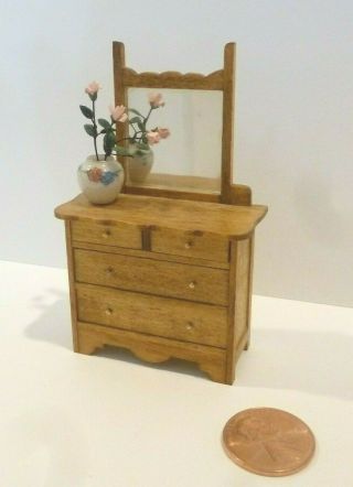 Dollhouse Miniature 1/2 " Scale Mirrored Dresser With Vase & Flowers