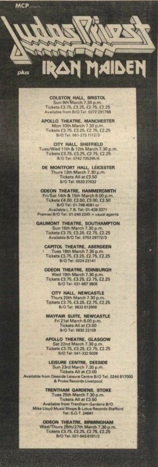 23/2/80pn07 Advert: Judas Priest & Iron Maiden Tour Venues March 1980 10x3