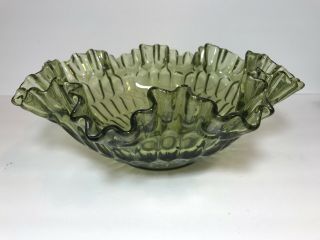 Vintage Fenton Green Glass Ruffled Edge Thumbprint Fruit 10” Bowl Or Candy Dish