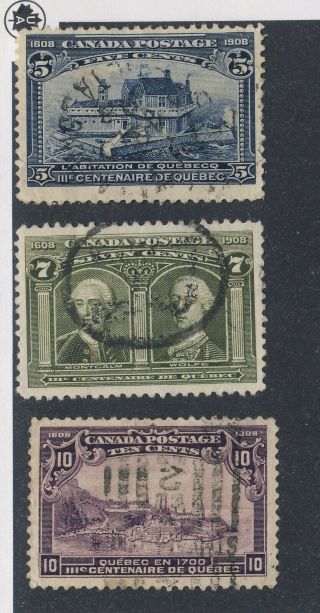 3x Canada 1908 Quebec U Stamps 99 - 5c 100 - 7c & 101 - 10c Guide Value = $250.  00