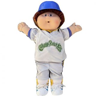 Vintage Cabbage Patch Boy Doll Tan Hair Brown Eyes Baseball Uniform Hat 1985