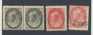 4x Canada Victoria Numeral Stamps 74 - 1/2c Pair Mnh 77 - 2c 88 - 2c/3c Gv=$90.  00