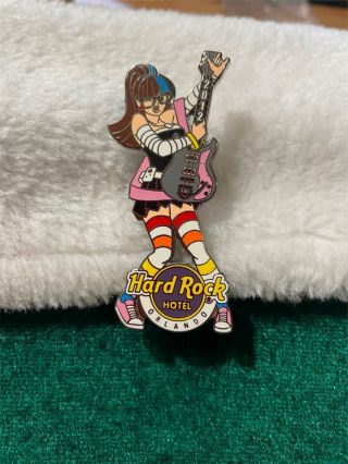 Hard Rock Cafe Pin Orlando Hotel Rocker Girl W Glasses Has Grey & Pink Guitar