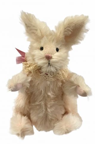 " Pearls " Collectible Stuffed Rabbit 11”by Nancy Crowe Jointed Mohair Lace Collar