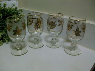 4 Vintage Mcm 1960s Cordial Wine Ball Stem Libbey Gold Leaf Frosted Glass 5 "
