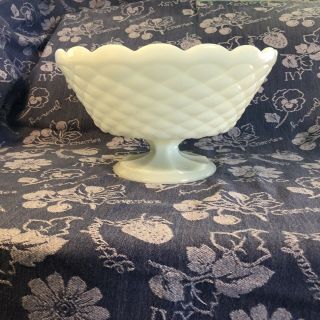 Vintage White Milk Glass Footed Pedestal Bowl Scallop Edge Basket Weave