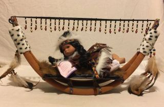 Native American Indian Doll On Bow Cradle And Fur Clare