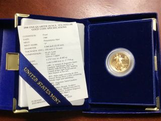 1988 - P American Gold Eagle Proof (1/4 Oz) $10 Complete With Bix And