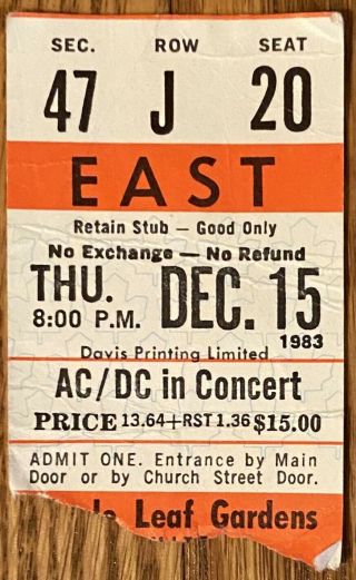 Ac/dc Comes To Canada Toronto 1983 Ticket Stub Others 2 Maple Leaf Gardn