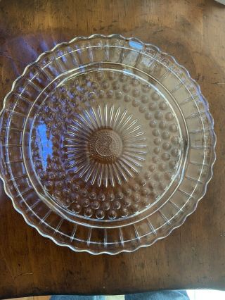 Vintage Footed Clear Glass Cake Plate W/ Sunflower Center & Scalloped Edge