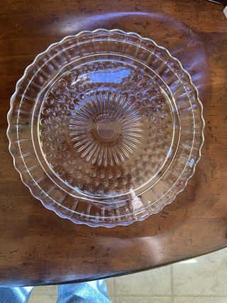 Vintage Footed Clear Glass Cake Plate w/ Sunflower Center & Scalloped Edge 2
