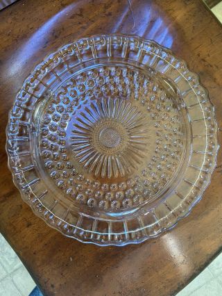 Vintage Footed Clear Glass Cake Plate w/ Sunflower Center & Scalloped Edge 3