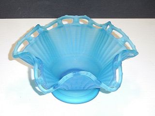 Branded Westmoreland Blue Satin Glass Ruffled Open Lace Edges Footed Bowl