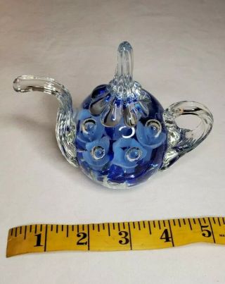 Joe Rice St Claire Glass Tea Pot Paperweight Ring Holder Blue Trumpet Flowers