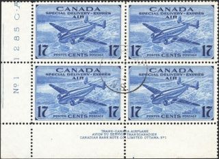 Canada,  1946.  Air Mail Special Delivery Ce2,  Plate Block,