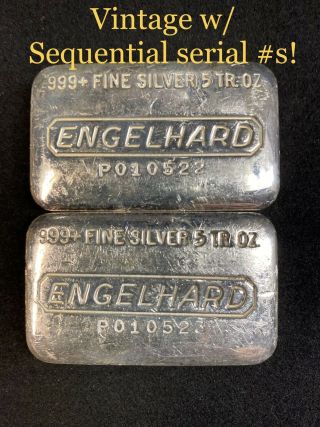 Vintage Engelhard 5 Oz.  999 Silver Bars (2x) 10oz Total.  Sequential Serial S ✅