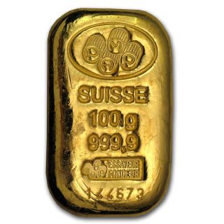 100 Gram Gold Bar - Pamp Suisse (cast,  W/assay) - Sku 45792