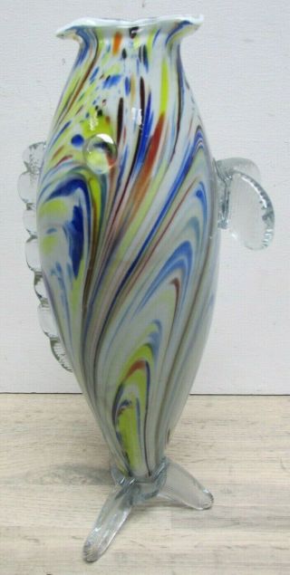 Murano Style Glass Fish Ornament / Vase (?) 13 " White Blue Yellow Unmarked