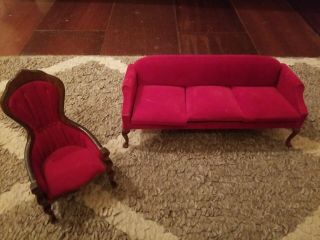 Viintage Dollhouse Sofa 1 - 12 Red Velvet Made In Taiwan 7  Long With Armchair