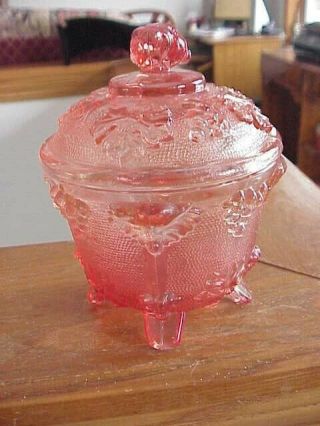Vintage Pink Jeannette Glass Harvest Grape Pattern Covered Candy Dish