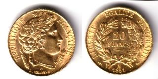 1851 - A France Ancient Goddess Cérès Gold 20 Francs Quality Old Coin Of Republic