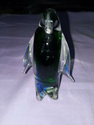 Vtg.  Solid Art Glass Penguin Blue / Green Medium Paperweight Hand Blown Made