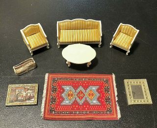 Vintage Lundby Doll House Furniture Living Room Set Of 8 Sofa Chairs Rug