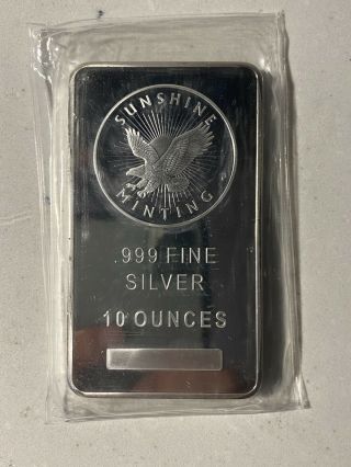 10 Oz Sunshine Minting Silver Bar.  999 Fine (in Plastic)