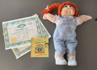 Coleco Cabbage Patch Kid Red Hair Blue Eyes Green Signature 84 W/ Certificate