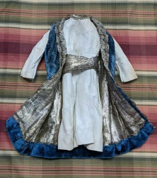 Antique Doll Outfit 1900s Doll Dress Blue Velvet Metallic Threadwork