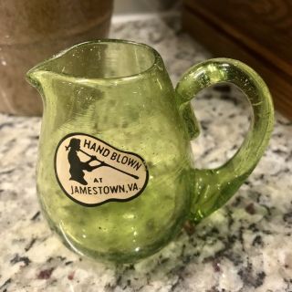 Jamestown Virginia Hand Blown Green Crackle Glass Mini Pitcher