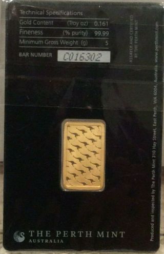 5 Gram.  9999 Fine Gold Bar in Assay - The Perth 2