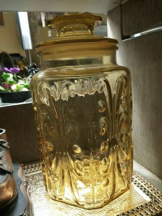 Atterbury Scroll L E Smith Vtg Amber Gold Glass Canister Lid Storage