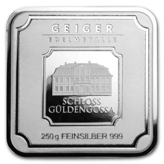 250 Gram Silver Bar - Geiger Edelmetalle (square Series) - Sku 155913