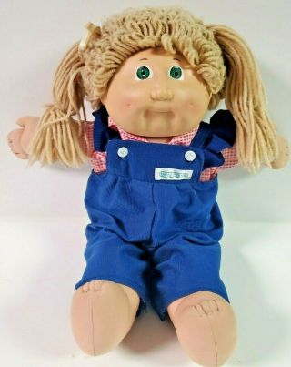 1985 Sign Cabbage Patch Kids Girl Blue Corduroy Overalls Blonde Hair Green Eyes